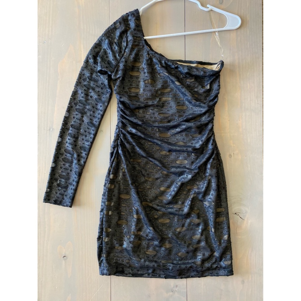One sleeve black and nude dress